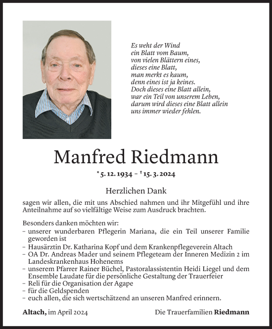 Todesanzeige von Manfred Riedmann von Vorarlberger Nachrichten