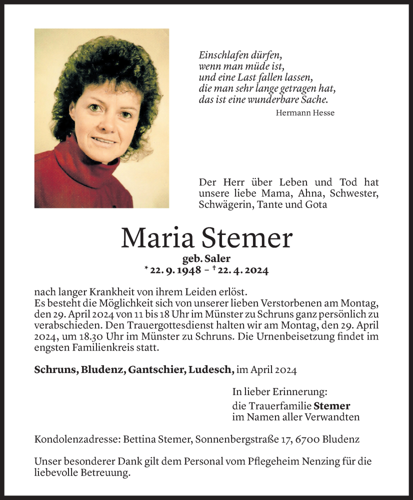  Todesanzeige für Maria Stemer vom 24.04.2024 aus Vorarlberger Nachrichten