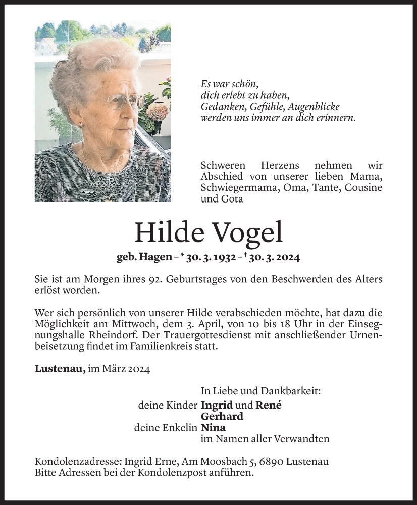  Todesanzeige für Hilde Vogel vom 02.04.2024 aus Vorarlberger Nachrichten