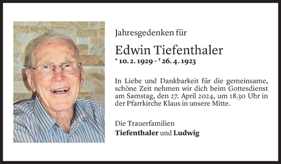 Todesanzeige von Edwin Tiefenthaler von Vorarlberger Nachrichten