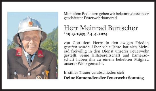 Todesanzeige von Meinrad Burtscher von Vorarlberger Nachrichten