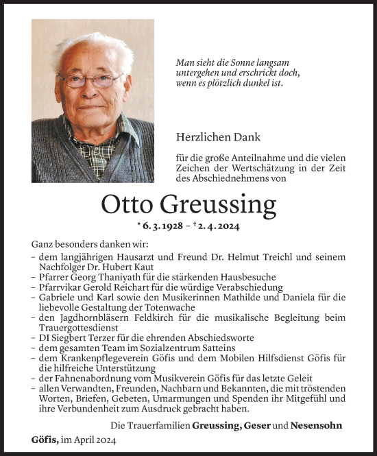 Todesanzeige von Otto Greussing von Vorarlberger Nachrichten