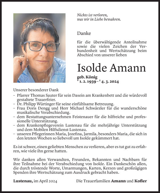 Todesanzeige von Isolde Amann von Vorarlberger Nachrichten