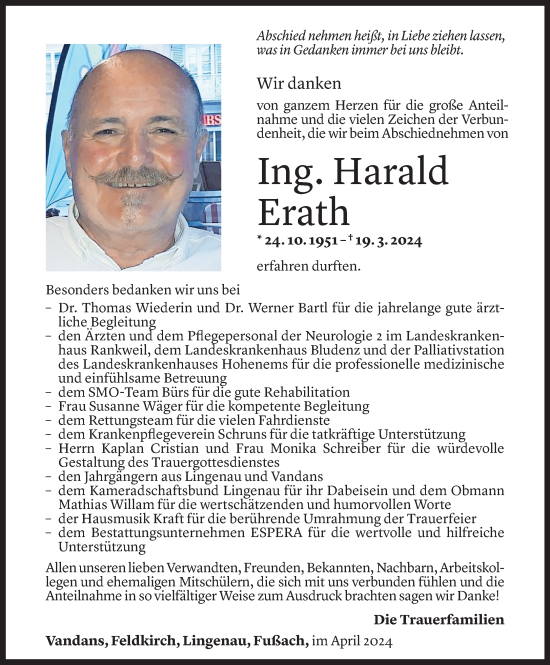 Todesanzeige von Harald Erath von Vorarlberger Nachrichten