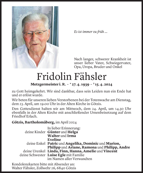 Todesanzeige von Fridolin Fähsler von Vorarlberger Nachrichten