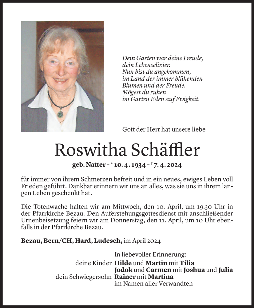  Todesanzeige für Roswitha Schäffler vom 09.04.2024 aus Vorarlberger Nachrichten