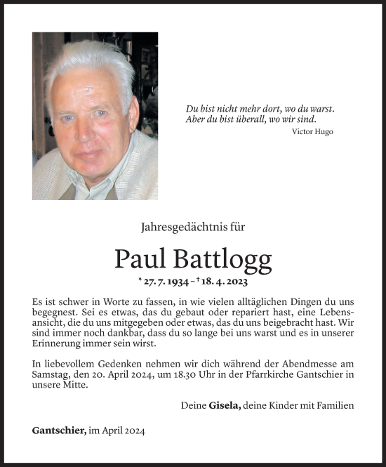 Todesanzeige von Paul Battlogg von Vorarlberger Nachrichten