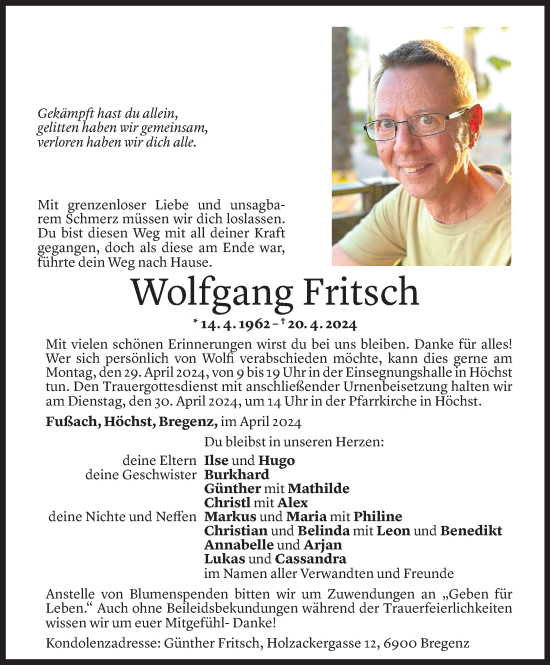 Todesanzeige von Wolfgang Fritsch von Vorarlberger Nachrichten