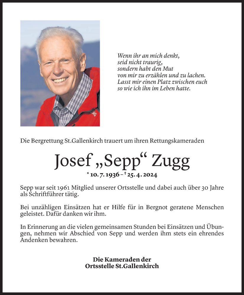  Todesanzeige für Josef Zugg vom 29.04.2024 aus Vorarlberger Nachrichten