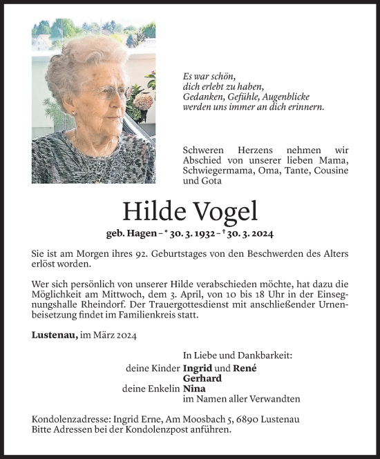 Todesanzeige von Hilde Vogel von Vorarlberger Nachrichten