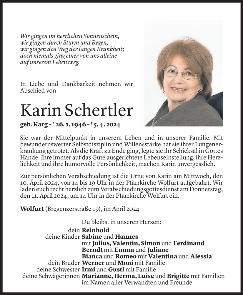  Todesanzeige für Karin Schertler vom 07.04.2024 aus Vorarlberger Nachrichten