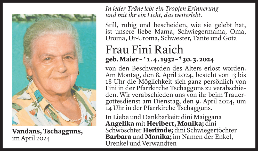  Todesanzeige für Fini Raich vom 02.04.2024 aus Vorarlberger Nachrichten