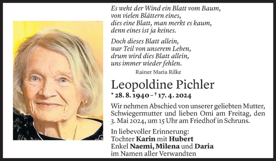 Todesanzeige von Leopoldine Pichler von Vorarlberger Nachrichten