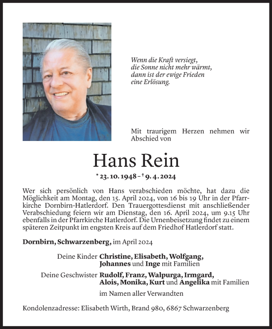 Todesanzeige von Hans Rein von Vorarlberger Nachrichten