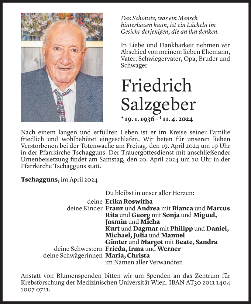  Todesanzeige für Friedrich Salzgeber vom 16.04.2024 aus Vorarlberger Nachrichten