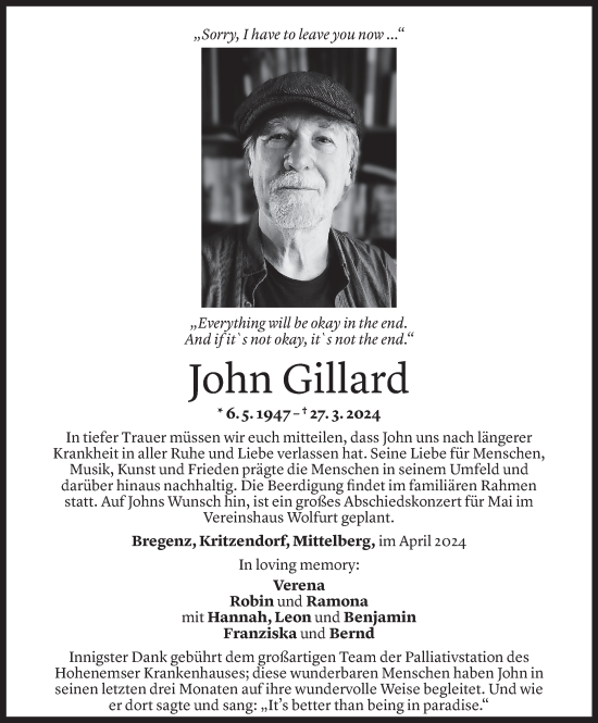 Todesanzeige von John Gillard von Vorarlberger Nachrichten