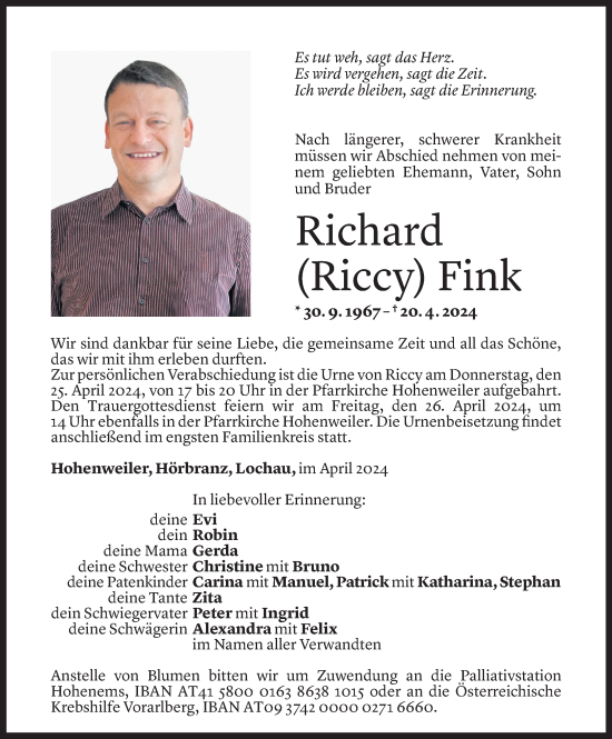 Todesanzeige von Richard Fink von Vorarlberger Nachrichten