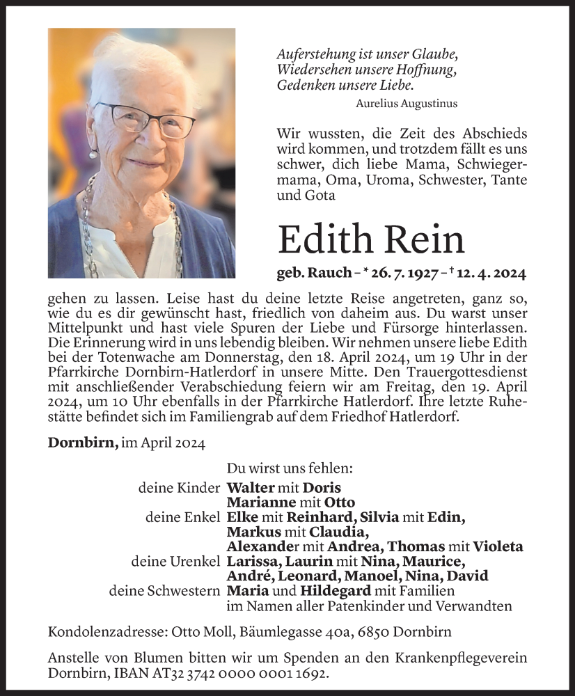  Todesanzeige für Edith Rein vom 16.04.2024 aus Vorarlberger Nachrichten