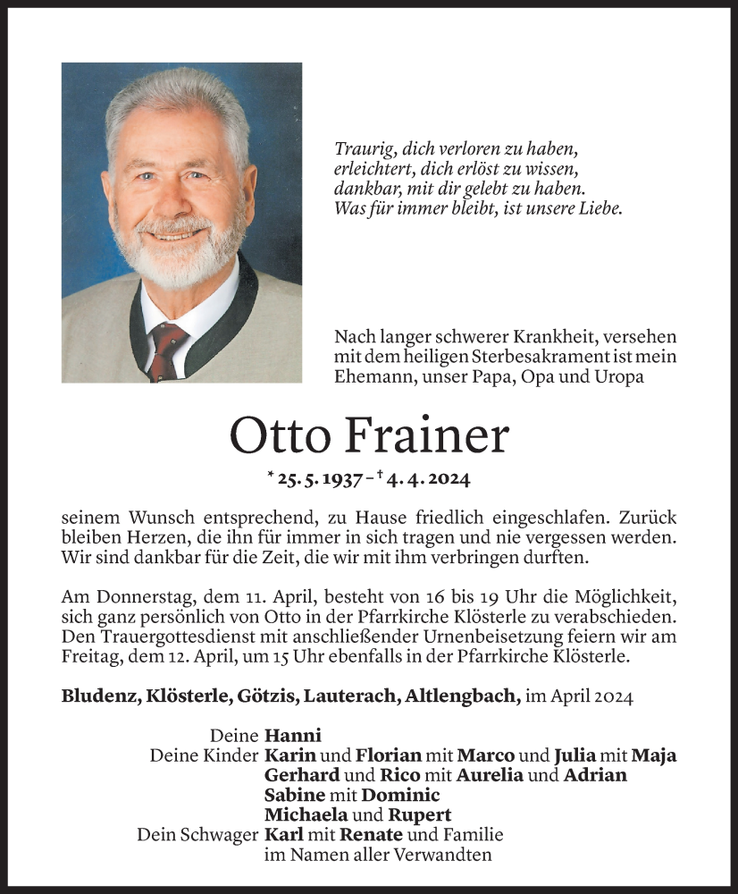  Todesanzeige für Otto Frainer vom 09.04.2024 aus Vorarlberger Nachrichten