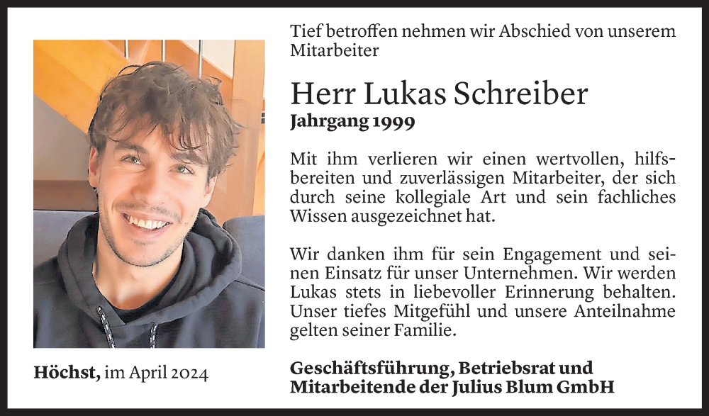  Todesanzeige für Lukas Schreiber vom 03.04.2024 aus Vorarlberger Nachrichten