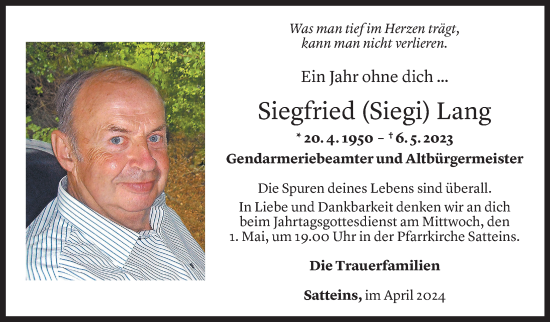 Todesanzeige von Siegfried Lang von Vorarlberger Nachrichten