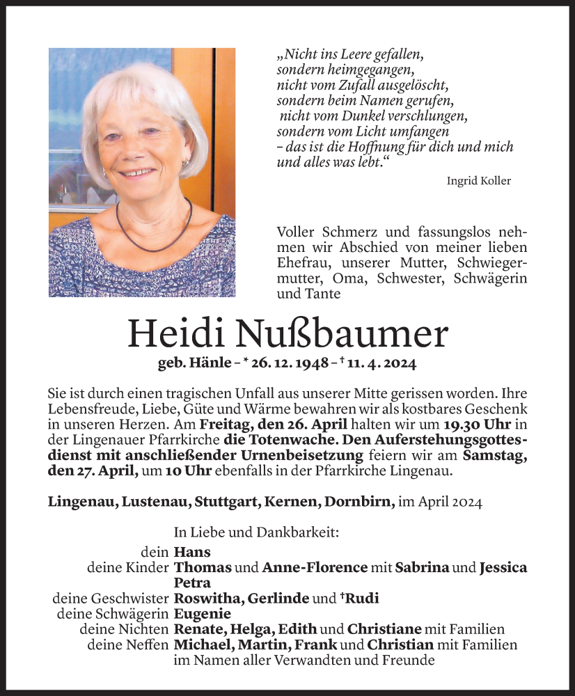  Todesanzeige für Heidi Nußbaumer vom 24.04.2024 aus Vorarlberger Nachrichten