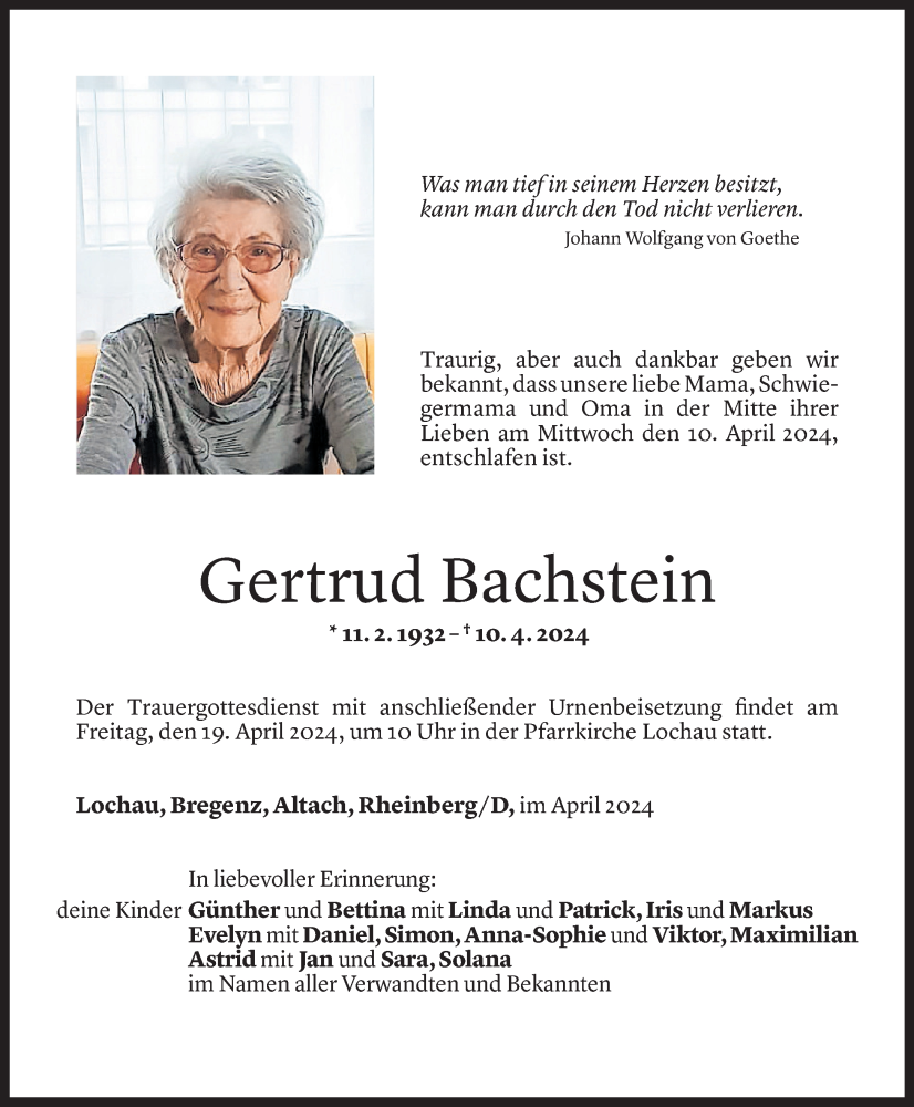  Todesanzeige für Gertrud Bachstein vom 14.04.2024 aus Vorarlberger Nachrichten