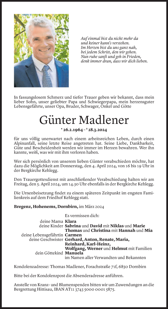 Todesanzeige von Günter Madlener von Vorarlberger Nachrichten