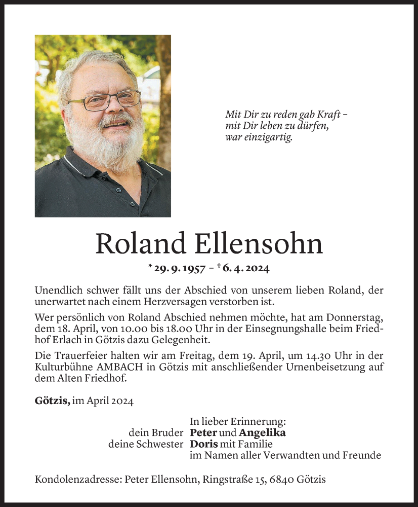  Todesanzeige für Roland Ellensohn vom 13.04.2024 aus Vorarlberger Nachrichten
