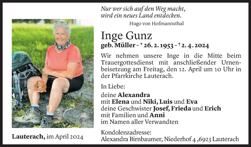  Todesanzeige für Inge Gunz vom 05.04.2024 aus Vorarlberger Nachrichten