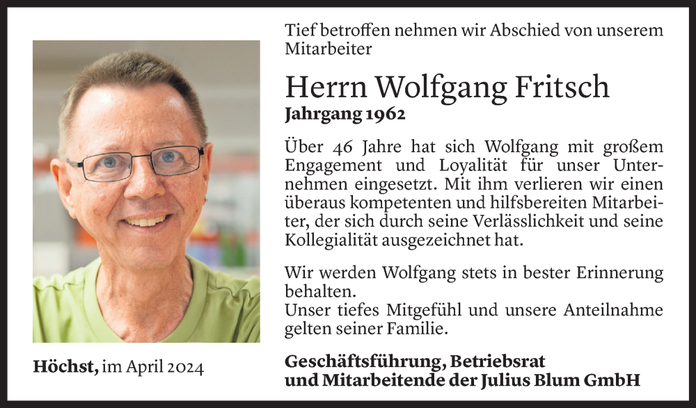  Todesanzeige für Wolfgang Fritsch vom 25.04.2024 aus Vorarlberger Nachrichten