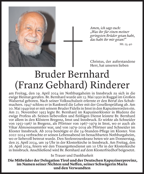 Todesanzeige von Bernhard Rinderer von Vorarlberger Nachrichten