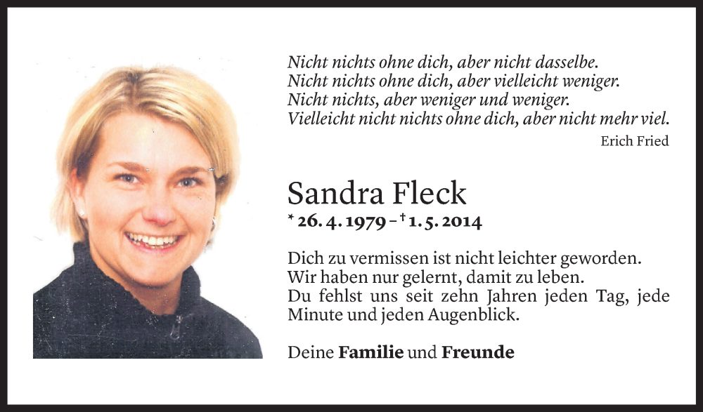  Todesanzeige für Sandra Fleck vom 25.04.2024 aus Vorarlberger Nachrichten