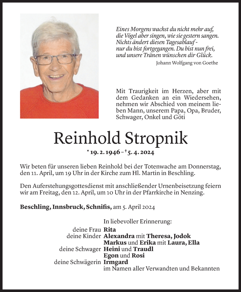 Todesanzeige für Reinhold Stropnik vom 10.04.2024 aus Vorarlberger Nachrichten
