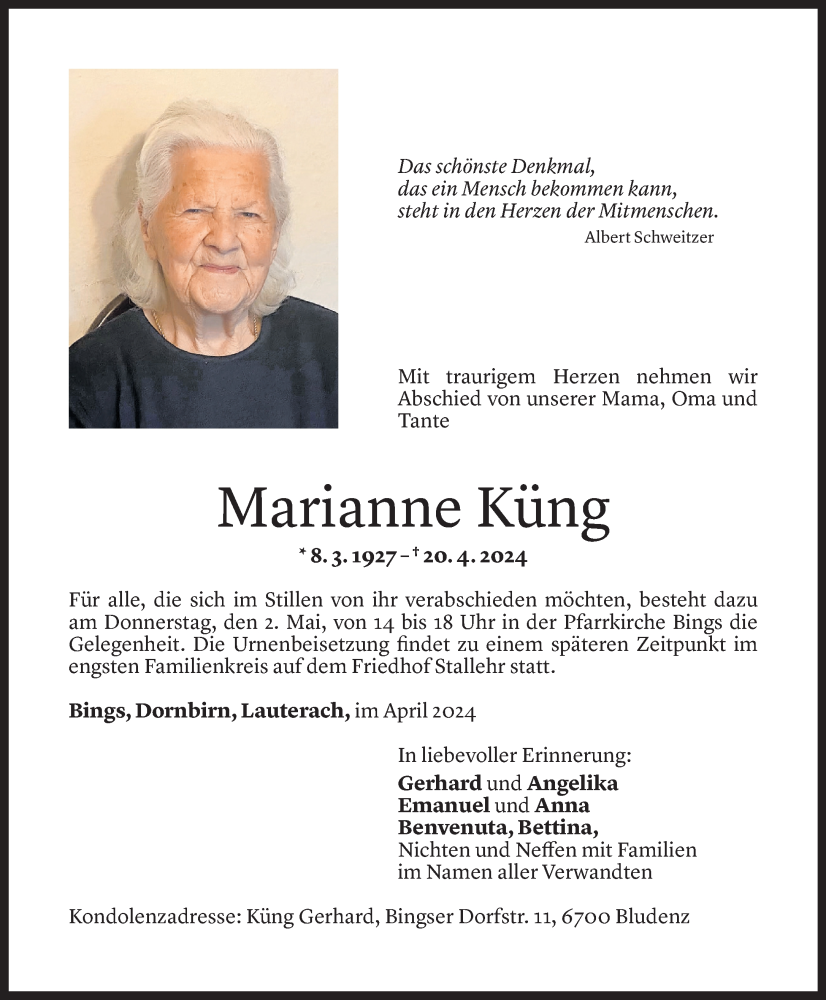  Todesanzeige für Marianne Küng vom 26.04.2024 aus Vorarlberger Nachrichten