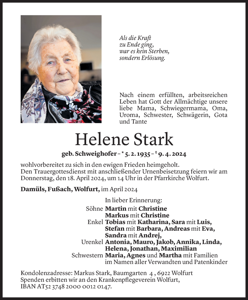  Todesanzeige für Helene Stark vom 12.04.2024 aus Vorarlberger Nachrichten