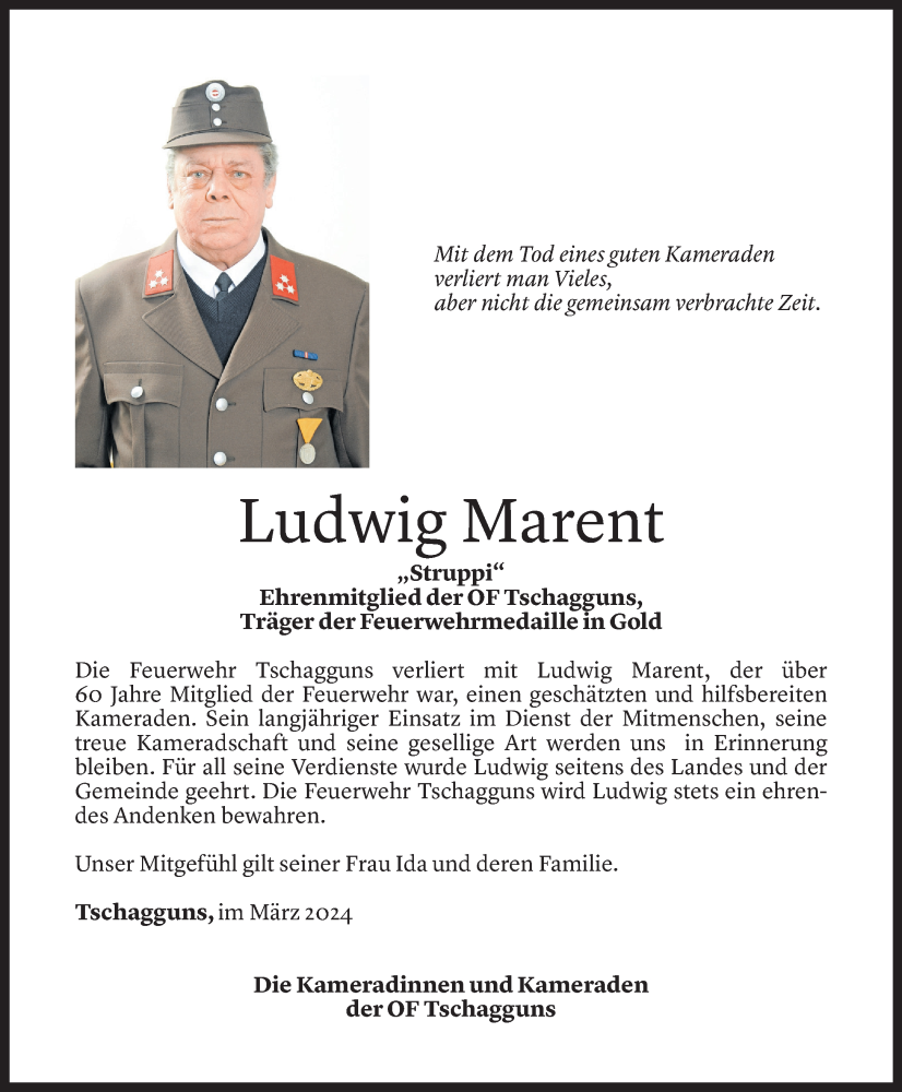  Todesanzeige für Ludwig Marent vom 02.04.2024 aus Vorarlberger Nachrichten