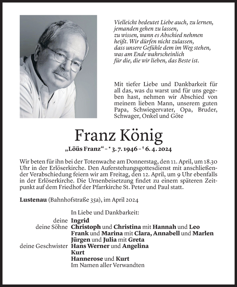  Todesanzeige für Franz König vom 09.04.2024 aus Vorarlberger Nachrichten