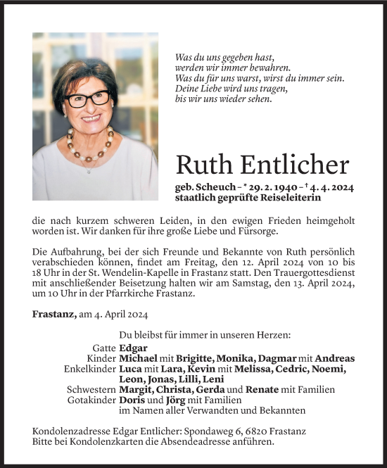 Todesanzeige von Ruth Entlicher von Vorarlberger Nachrichten