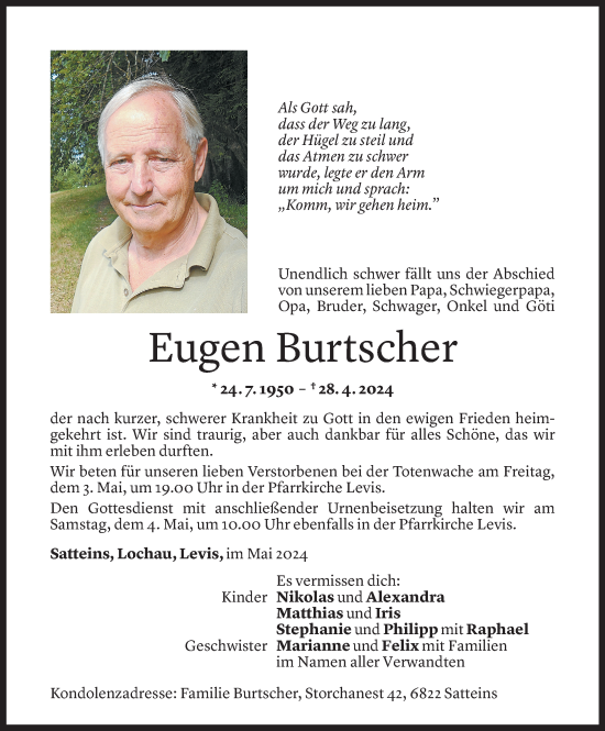 Todesanzeige von Eugen Burtscher von Vorarlberger Nachrichten