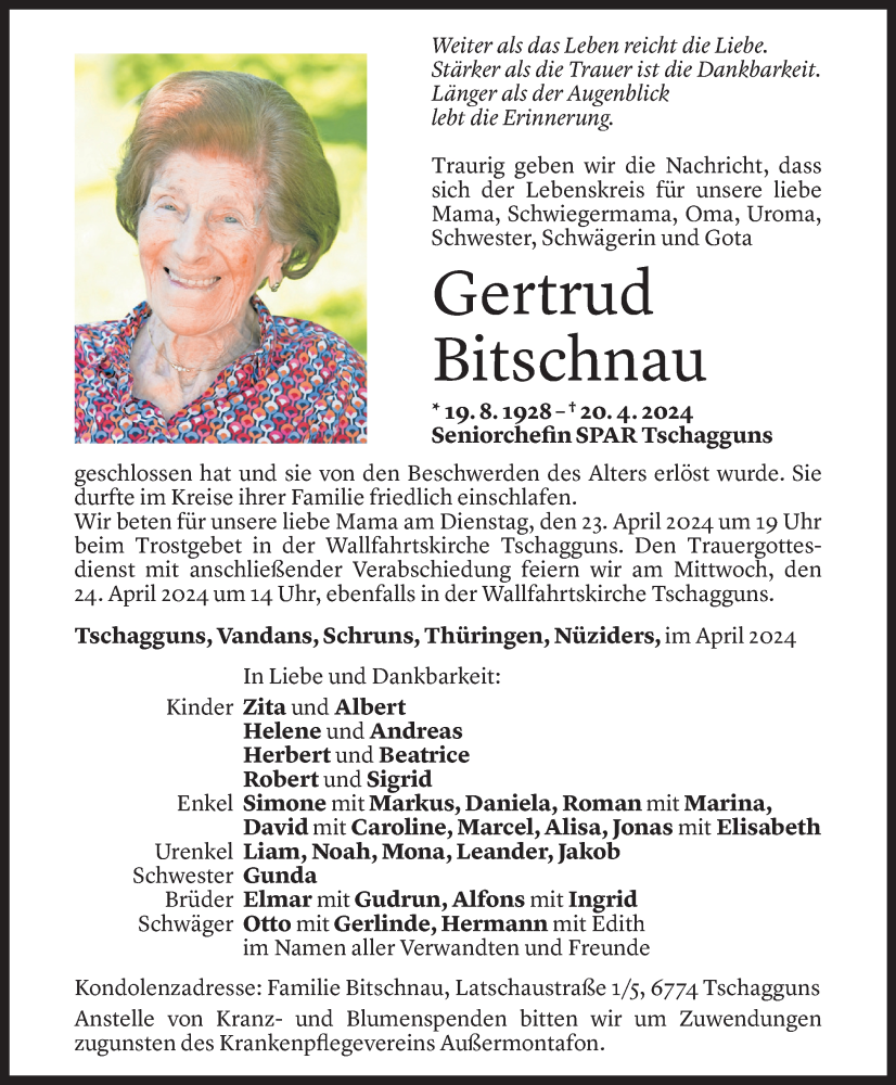  Todesanzeige für Gertrud Bitschnau vom 21.04.2024 aus Vorarlberger Nachrichten