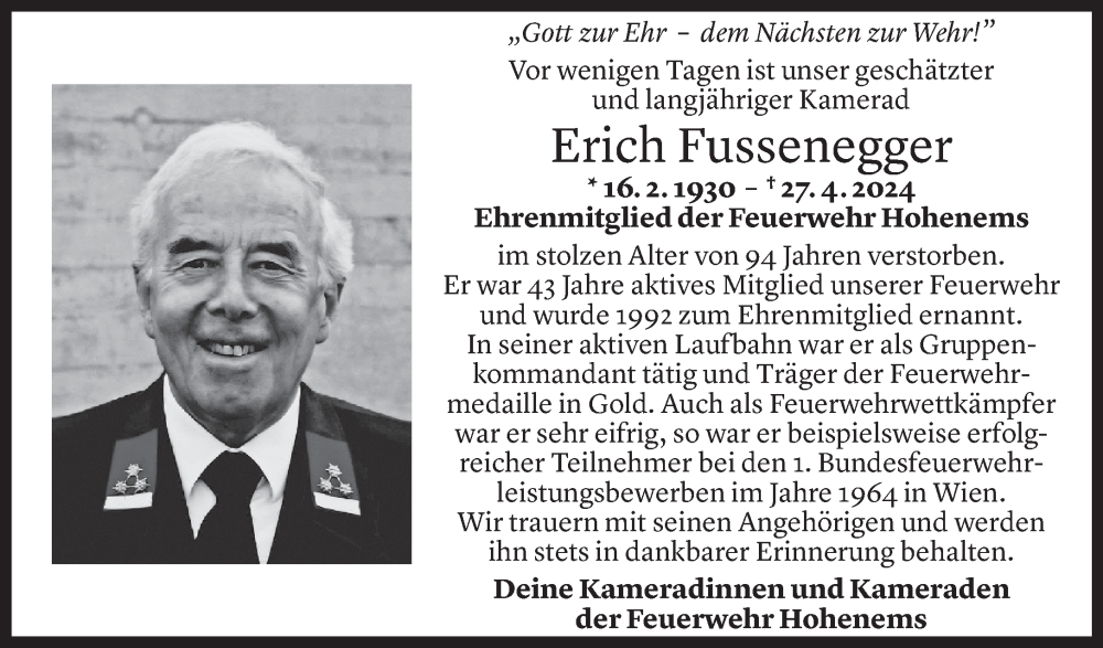  Todesanzeige für Erich Fussenegger vom 30.04.2024 aus Vorarlberger Nachrichten