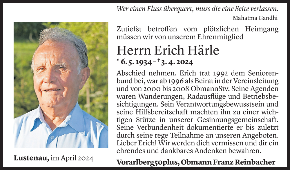  Todesanzeige für Erich Härle vom 07.04.2024 aus Vorarlberger Nachrichten