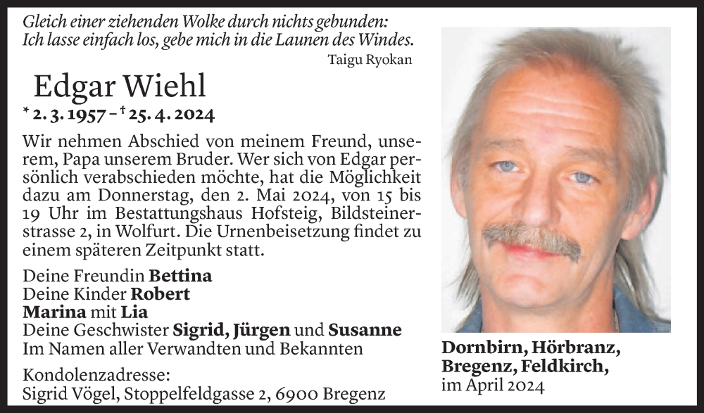  Todesanzeige für Edgar Wiehl vom 01.05.2024 aus Vorarlberger Nachrichten