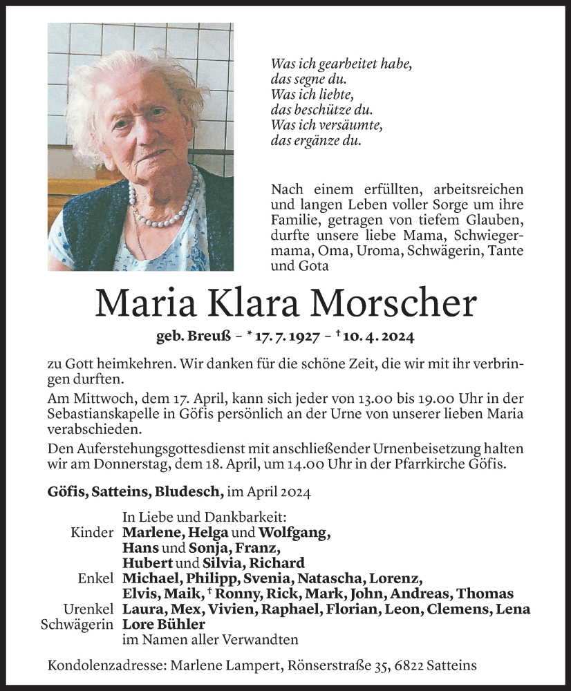  Todesanzeige für Maria Morscher vom 14.04.2024 aus Vorarlberger Nachrichten