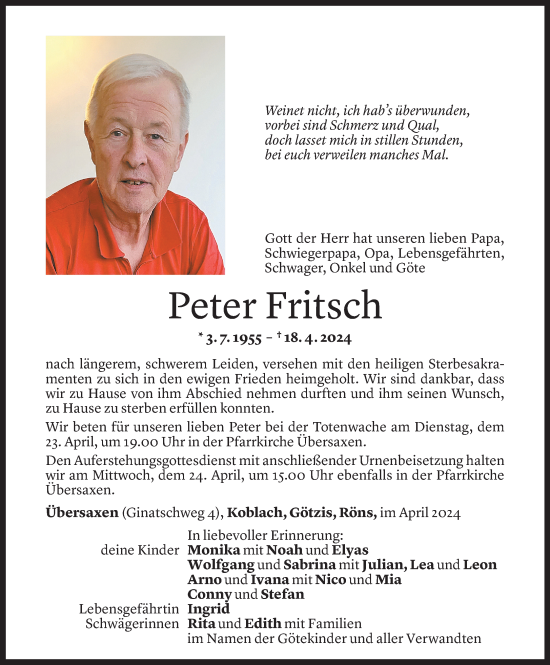Todesanzeige von Peter Fritsch von Vorarlberger Nachrichten