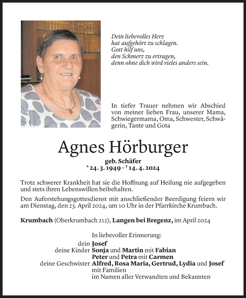  Todesanzeige für Agnes Hörburger vom 19.02.2024 aus Vorarlberger Nachrichten