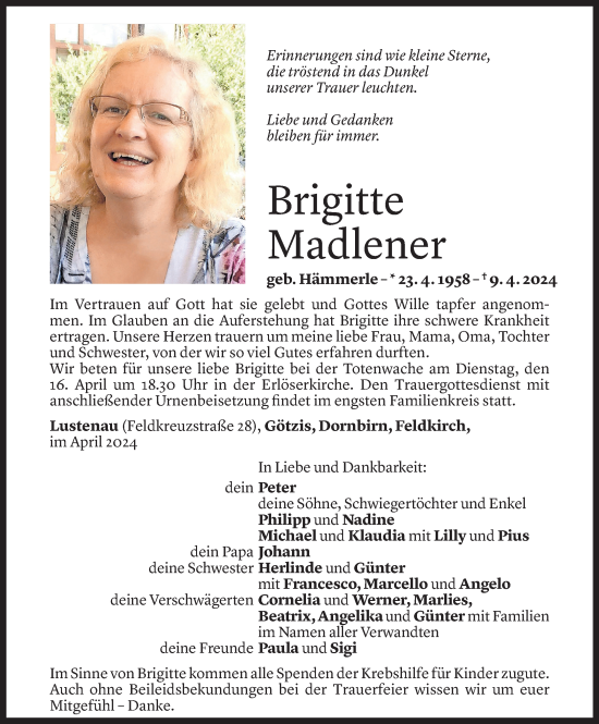 Todesanzeige von Brigitte Madlener von Vorarlberger Nachrichten