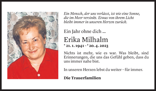 Todesanzeige von Erika Milhalm von Vorarlberger Nachrichten