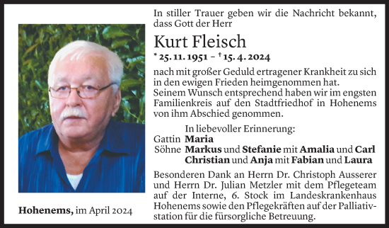Todesanzeige von Kurt Fleisch von Vorarlberger Nachrichten